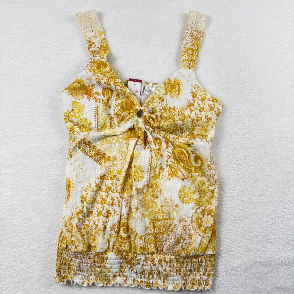 Bongo Paisley Gauzy Babydoll Top‎ Juniors XL Yellow Boho Lace Strap Smocked Hem